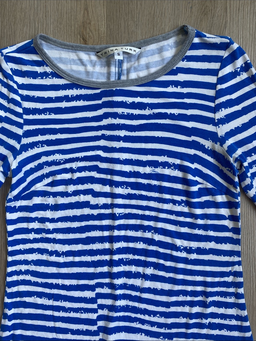 Trina Turk Blue White Striped Knit Dress Small Nautical Stretch 3/4 Sleeve - Picture 2 of 11